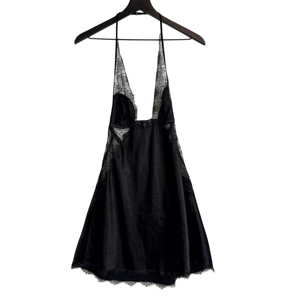 Victoria’s Secret Lace Trim Halter Neck Mini Slip Satin Dress Black - L